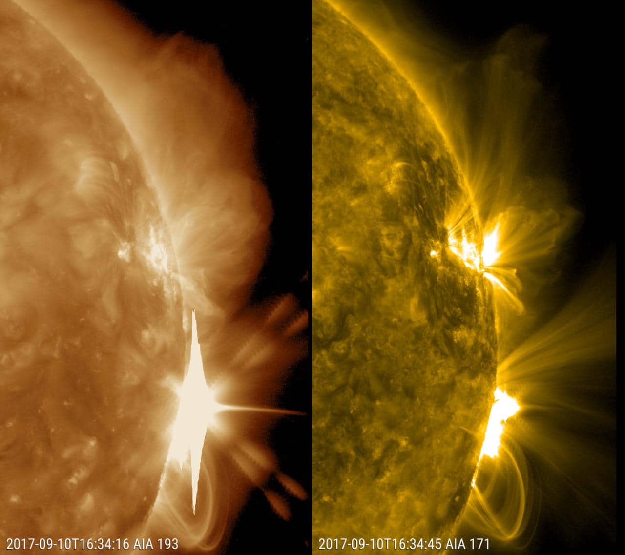 Potente brillamento solare ripreso dal Solar Dynamics Observatory della NASA: un intenso lampo di luce erompe dal bordo del disco solare, simile all'evento osservato da Carrington nel 1859