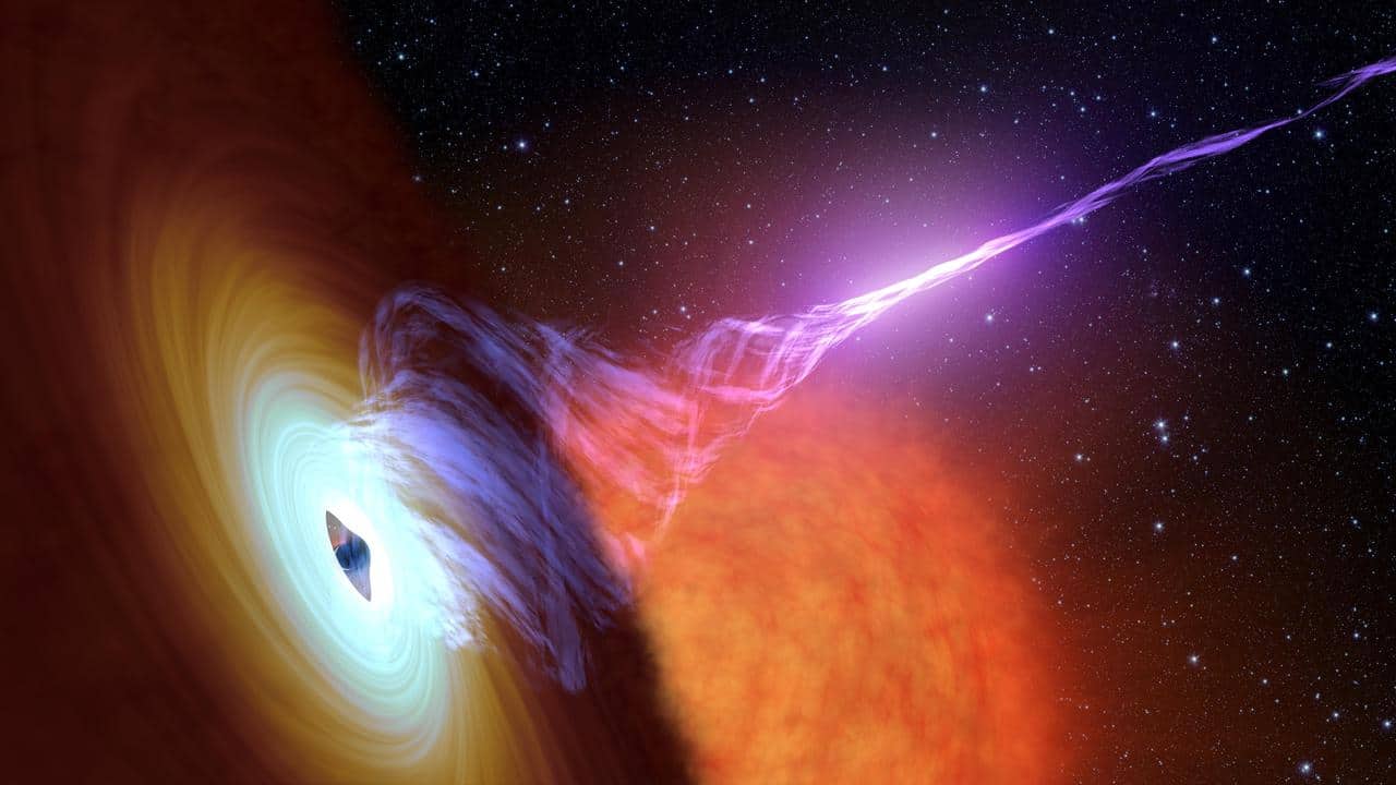 Concezione artistica NASA di un buco nero con getto di materia