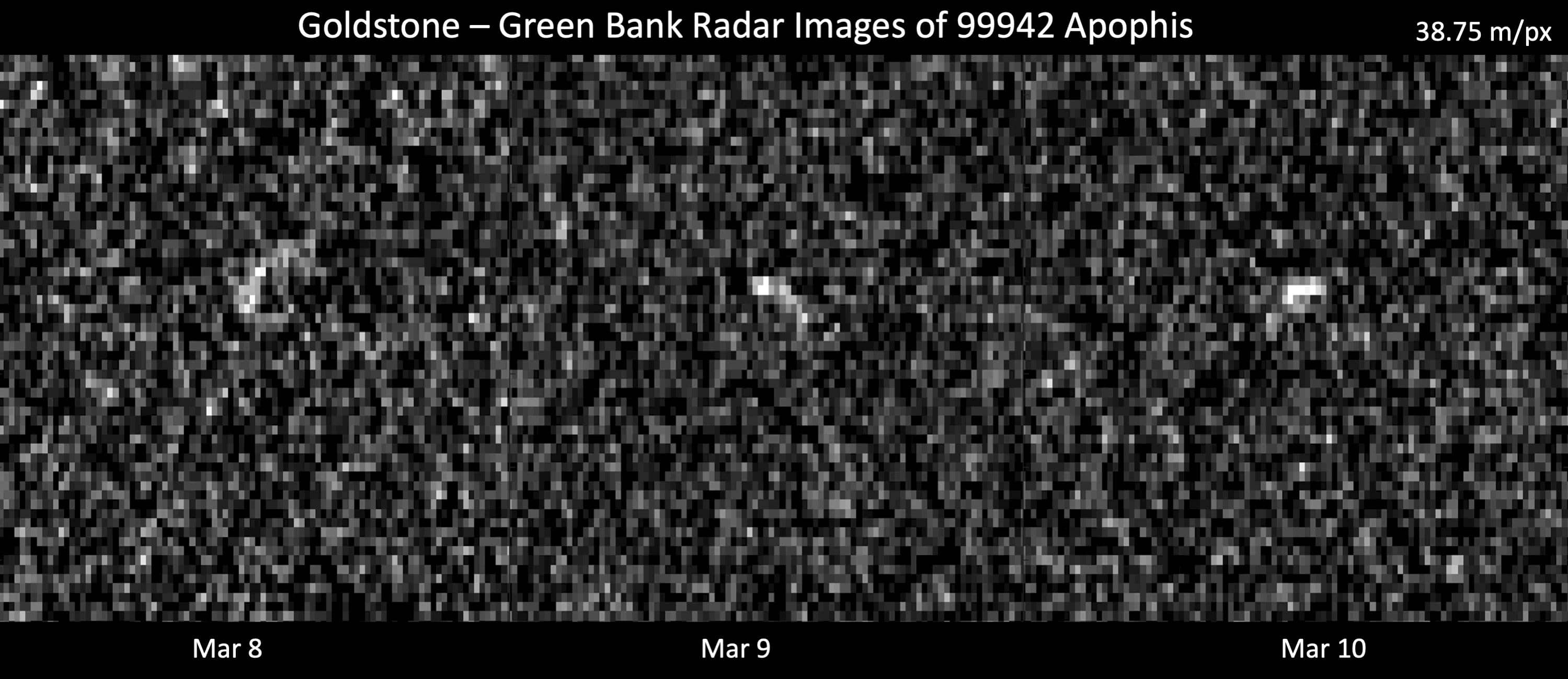 Immagini radar dell'asteroide 99942 Apophis ottenute nel marzo 2021 dalle antenne di Goldstone e dal radiotelescopio di Green Bank