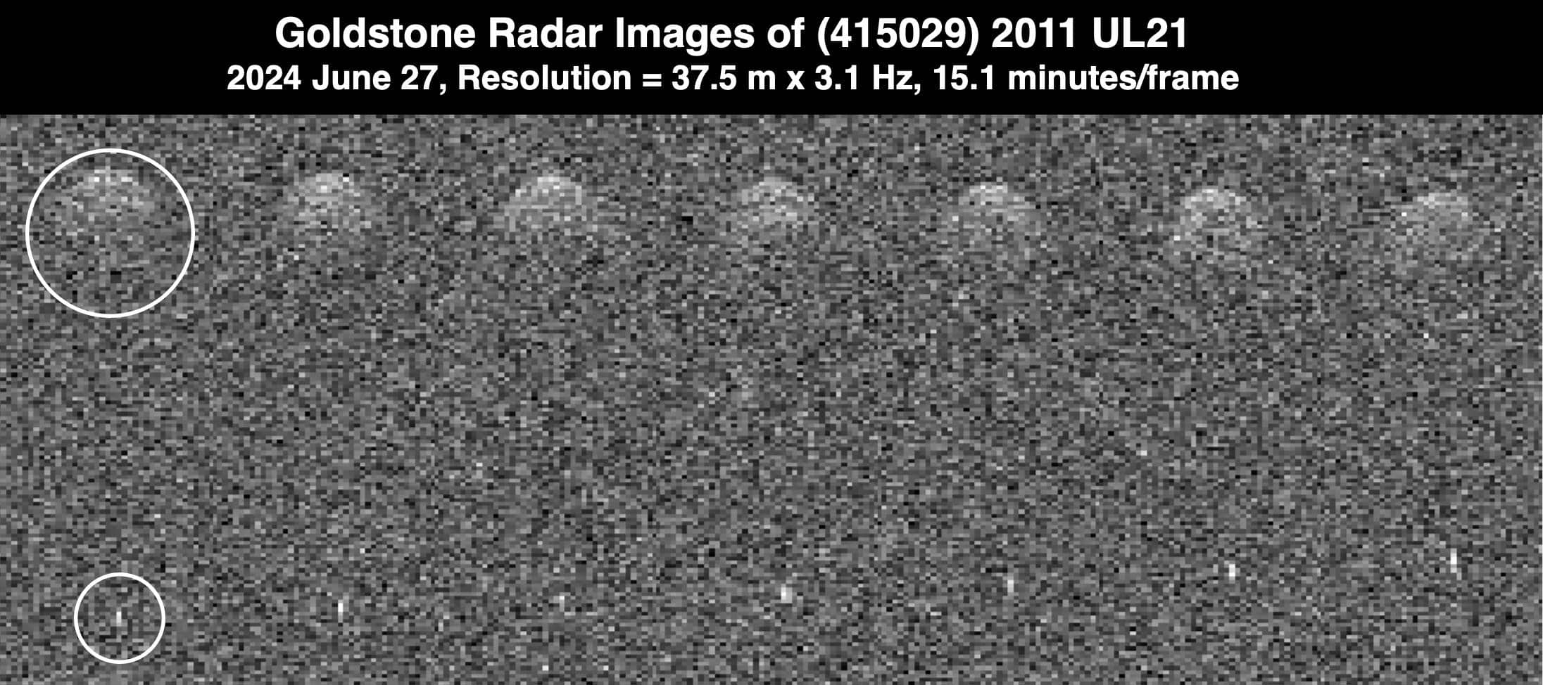 Immagini radar dell'asteroide binario 2011 UL21 ottenute dal radar planetario di Goldstone della NASA