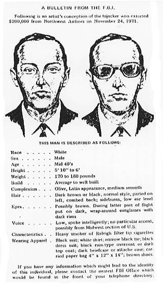 Manifesto FBI con identikit del dirottatore DB Cooper