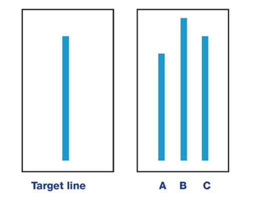 Schema dell'esperimento di Asch con la linea di riferimento e le tre linee di confronto