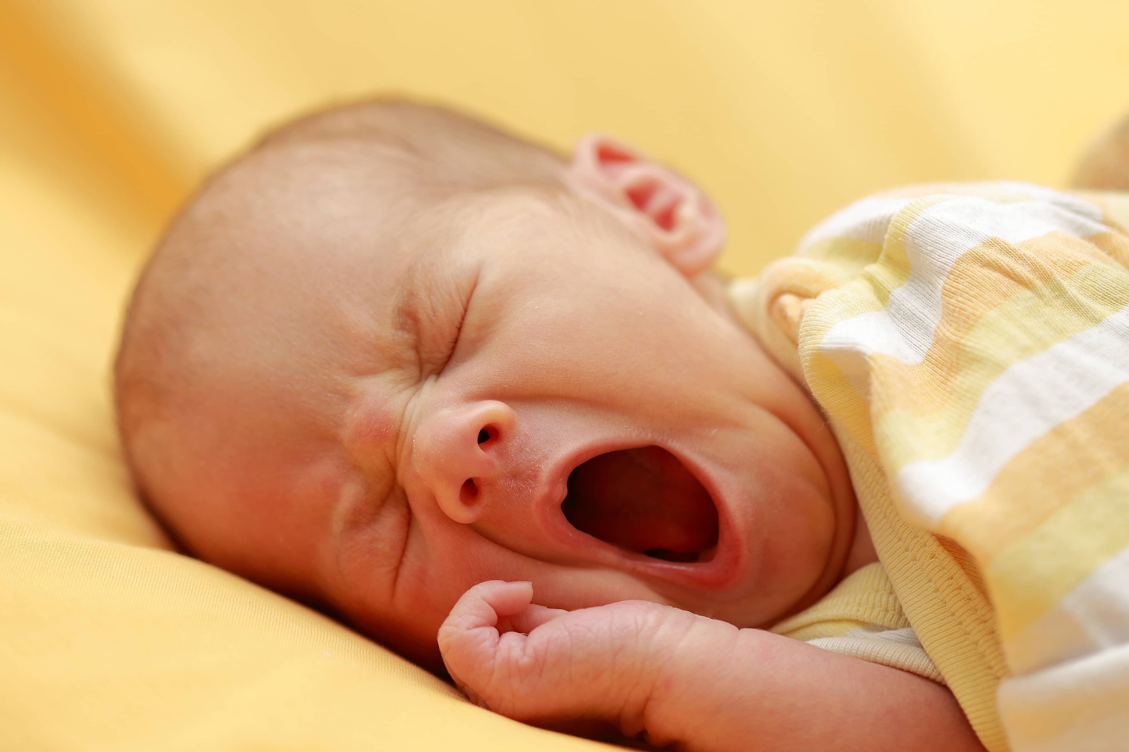 Un neonato sbadiglia con la bocca aperta in primo piano