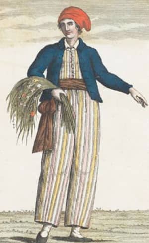 Ritratto di Jeanne Baret in abiti maschili con un cesto di piante