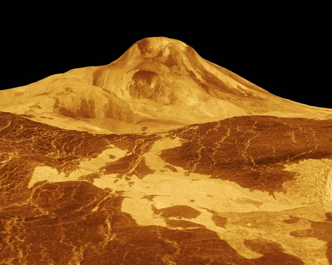 Vista prospettica tridimensionale del vulcano Maat Mons su Venere ricostruita dai dati radar Magellan