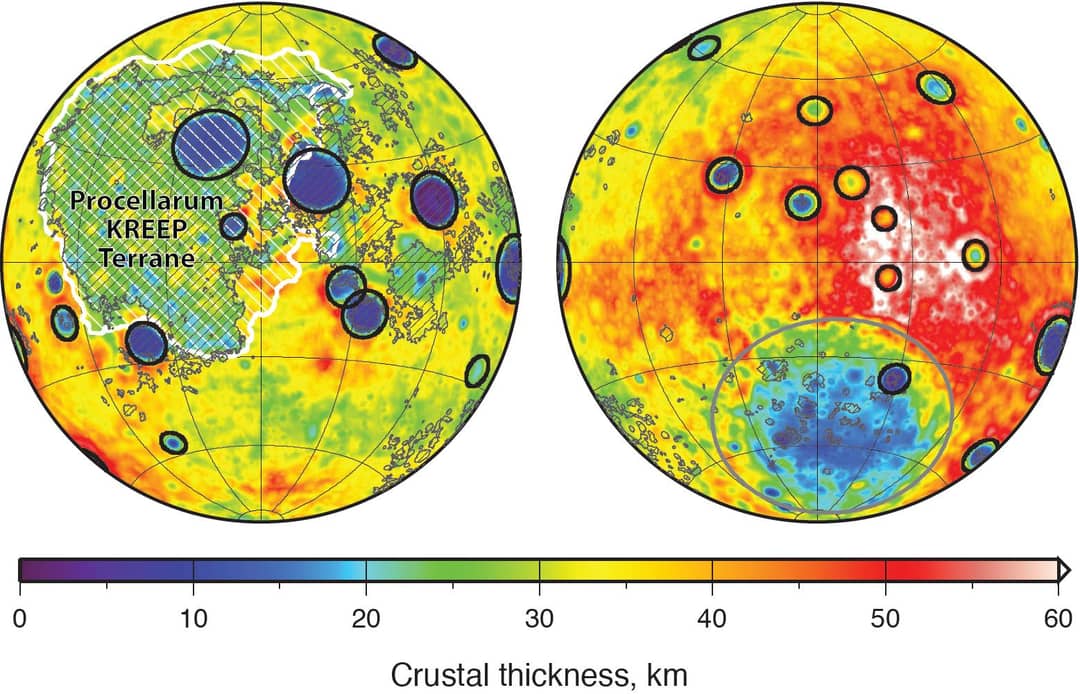 Mappa dello spessore della crosta lunare ricavata dalla missione GRAIL della NASA
