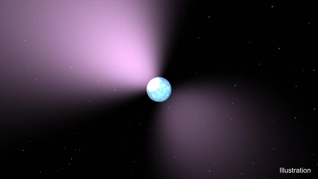 Concept artistico di una pulsar che emette fasci di raggi X ai poli magnetici: PSR J0952-0607 ruota 707 volte al secondo