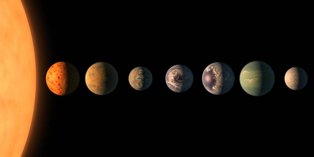 Illustrazione dei sette pianeti del sistema TRAPPIST-1 in fila con dimensioni comparate alla Terra