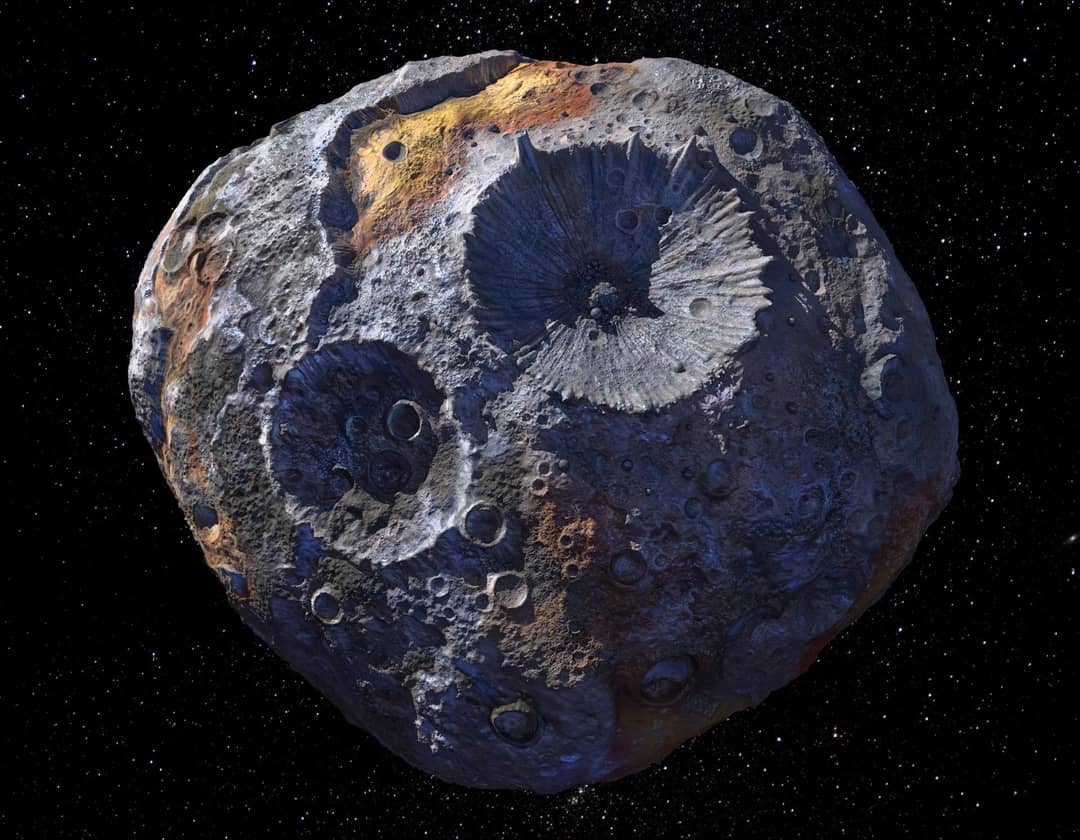 Illustrazione artistica della superficie metallica e craterizzata dell'asteroide 16 Psyche