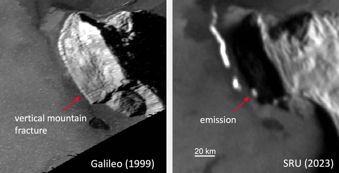 Bagliore di lava incandescente sulla superficie della luna Io ripreso da Juno