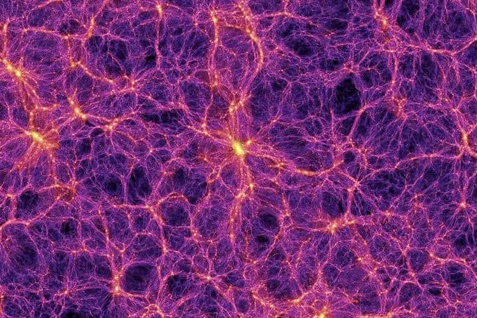 Rappresentazione della ragnatela cosmica con filamenti e nodi di materia