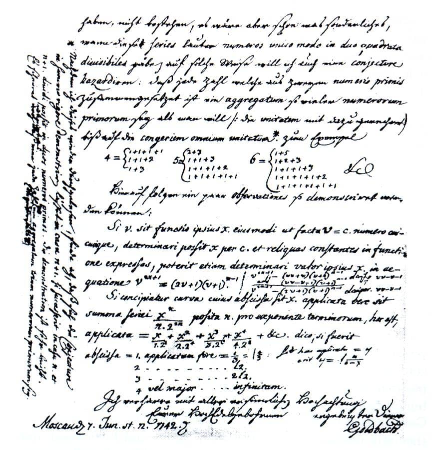 Riproduzione della lettera manoscritta del 1742 di Christian Goldbach a Leonhard Euler