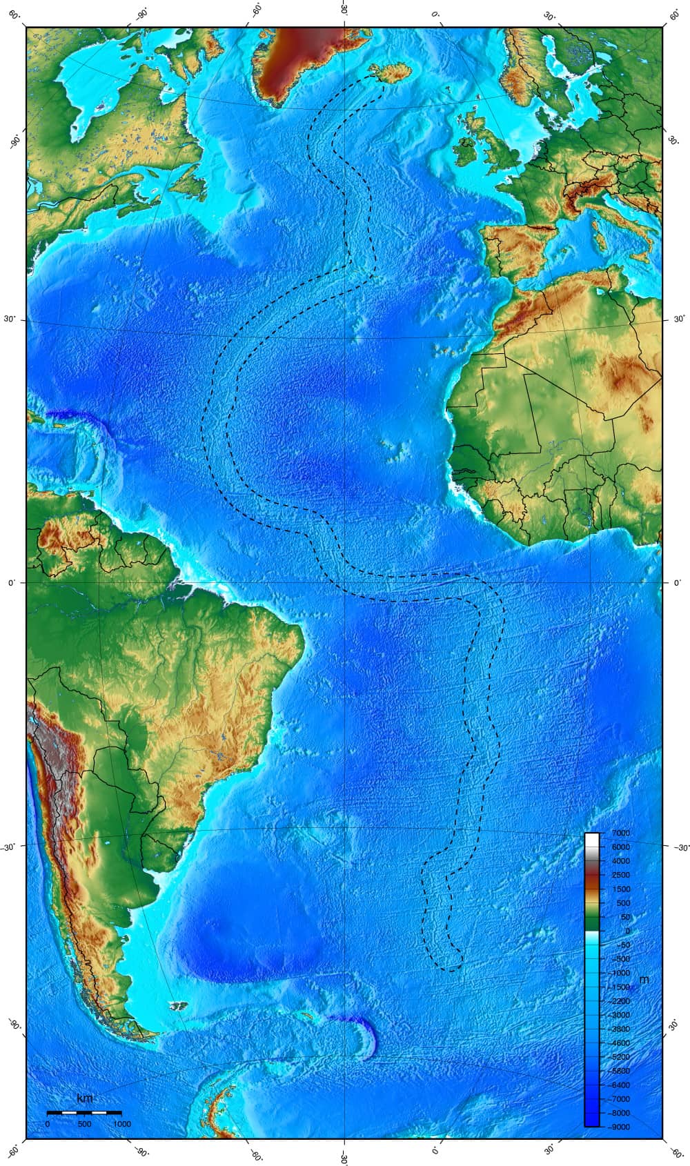 Rappresentazione in rilievo della dorsale medio-atlantica con la valle di rift centrale