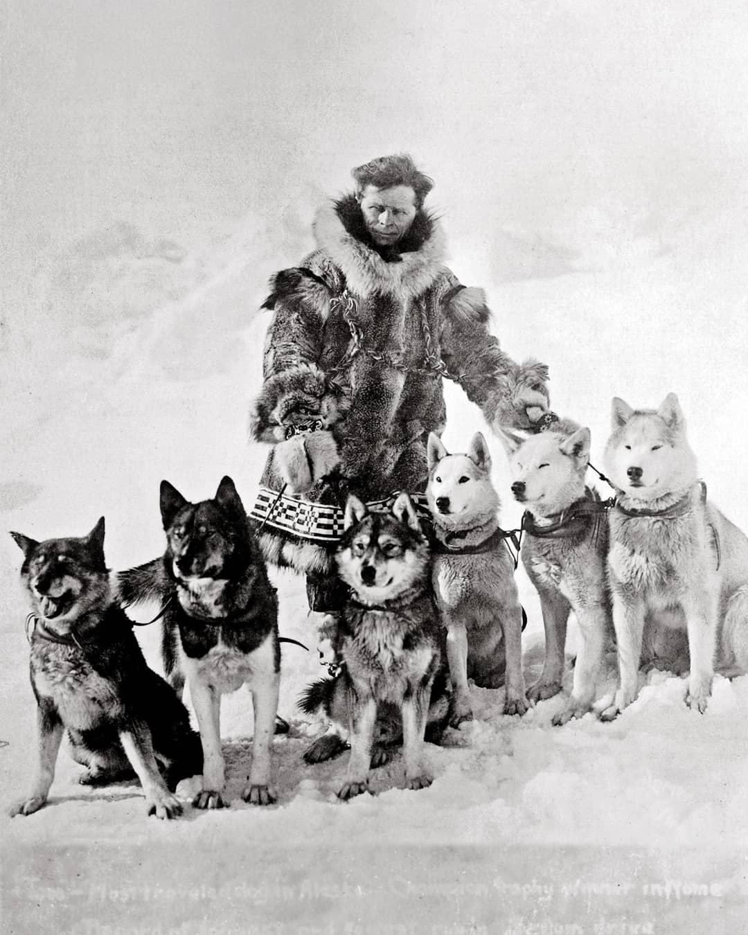 Il musher Leonhard Seppala posa con i suoi cani da slitta