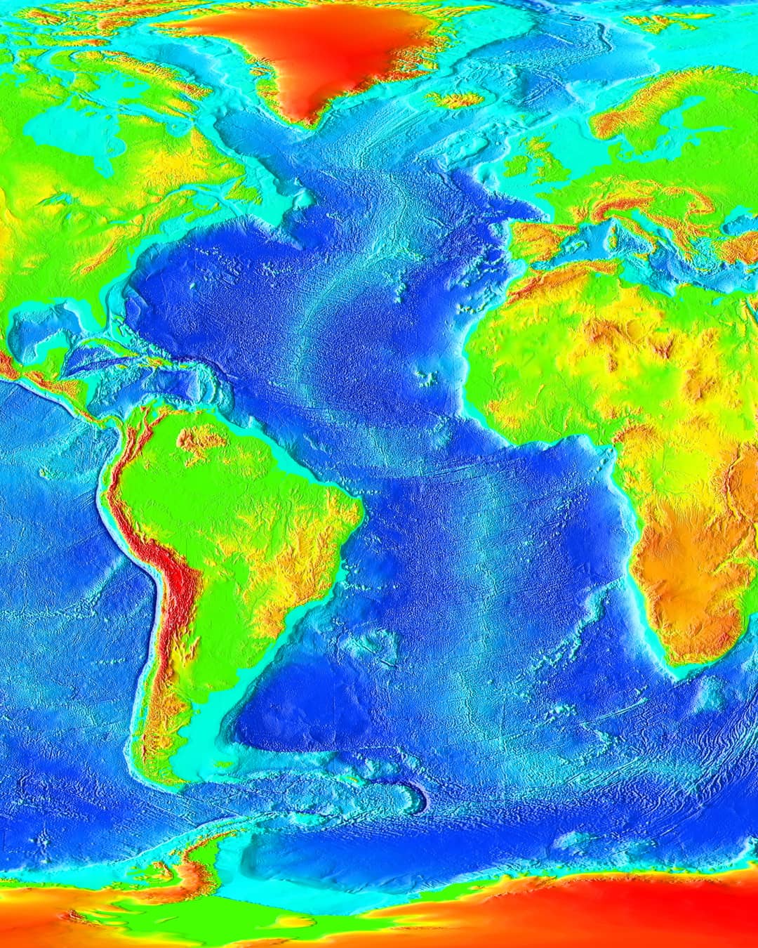 Mappa batimetrica dell'Oceano Atlantico che evidenzia la dorsale medio-atlantica al centro