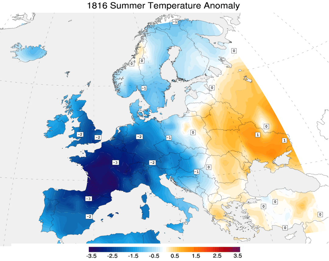 Mappa delle anomalie di temperatura dell'estate 1816 in Europa e Nord America