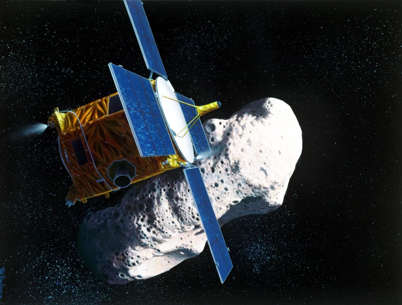 Rappresentazione artistica della sonda NEAR Shoemaker della NASA mentre si avvicina all'asteroide Eros: una manovra simile a quella che Tianwen-2 sta eseguendo verso Kamoʻoalewa