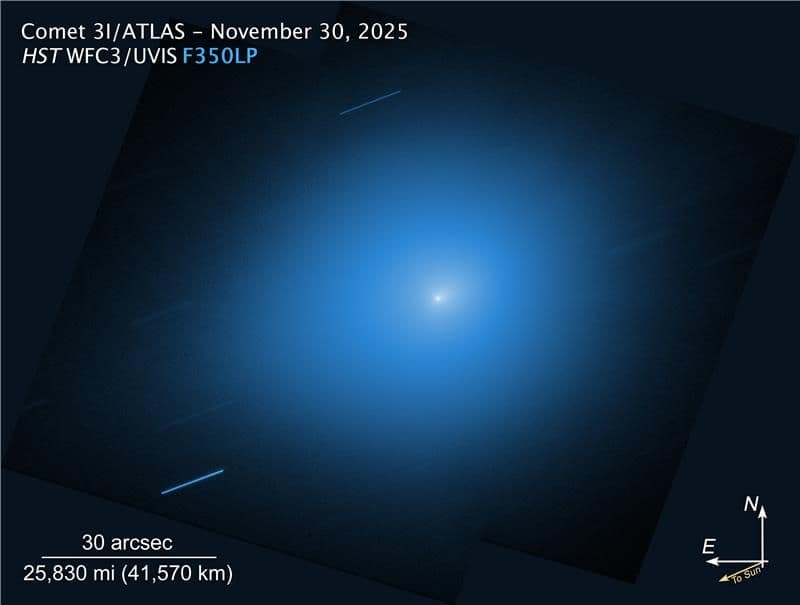 Cometa 3I/ATLAS ripresa dal telescopio spaziale Hubble il 30 novembre 2025