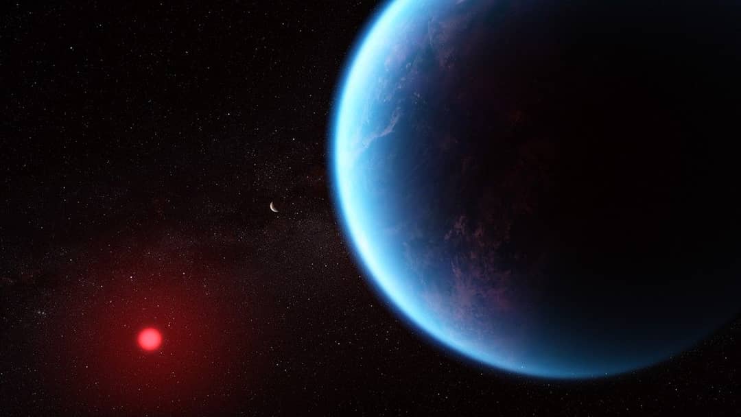 Illustrazione artistica dell'esopianeta K2-18b davanti alla sua stella nana