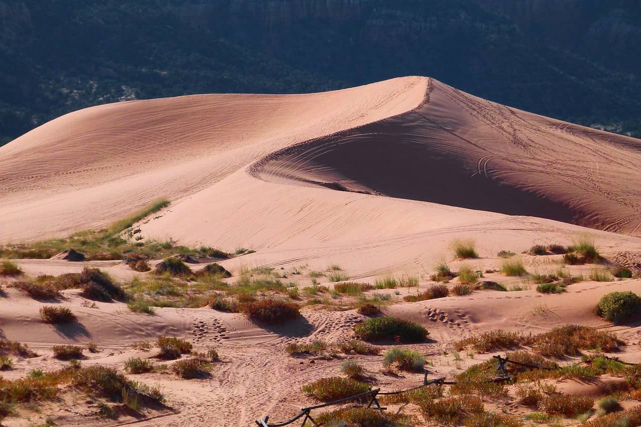 Grandi dune di sabbia ondulate in un deserto al tramonto