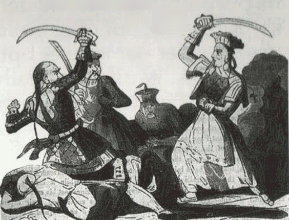 Illustrazione storica di Ching Shih, comandante pirata cinese, armata in battaglia