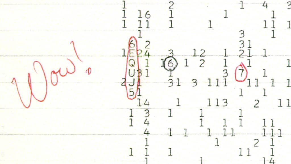 Stampata originale del computer del Big Ear telescope con l'annotazione 'Wow!' scritta in rosso da Jerry Ehman