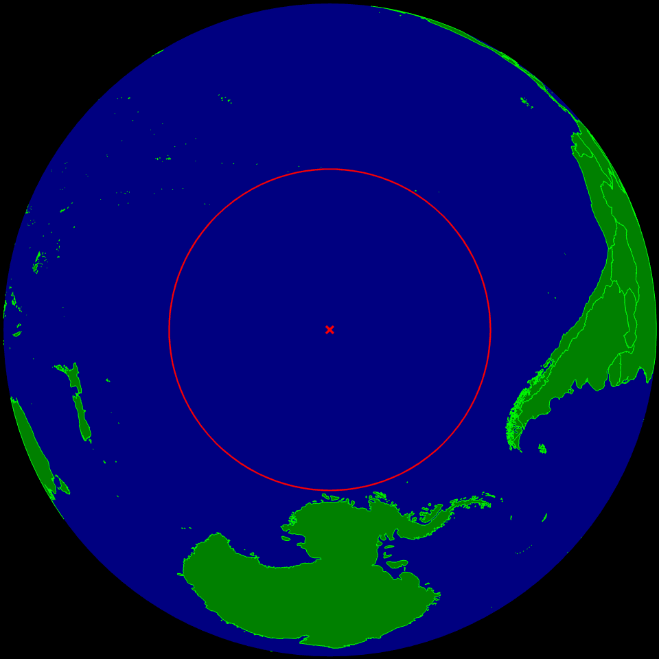 Mappa del Pacifico meridionale con la posizione del Punto Nemo e le tre isole equidistanti