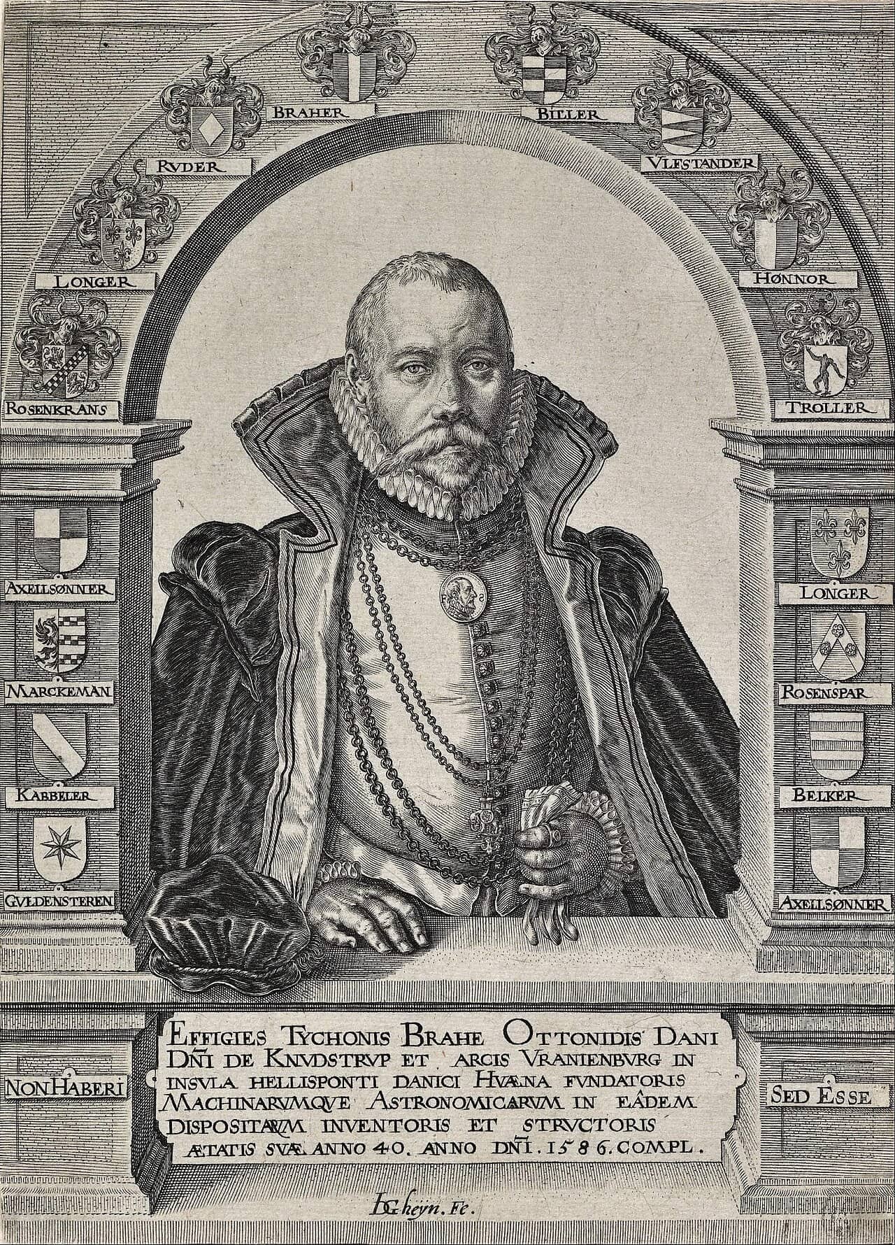 Ritratto inciso dell'astronomo danese Tycho Brahe con la caratteristica protesi sul naso