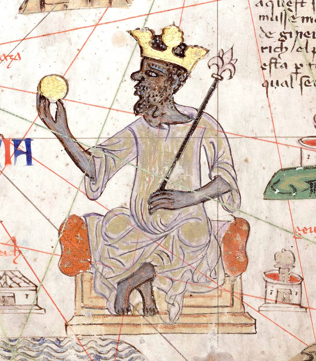 Mansa Musa raffigurato nell'Atlante Catalano del 1375 mentre tiene in mano una pepita d'oro