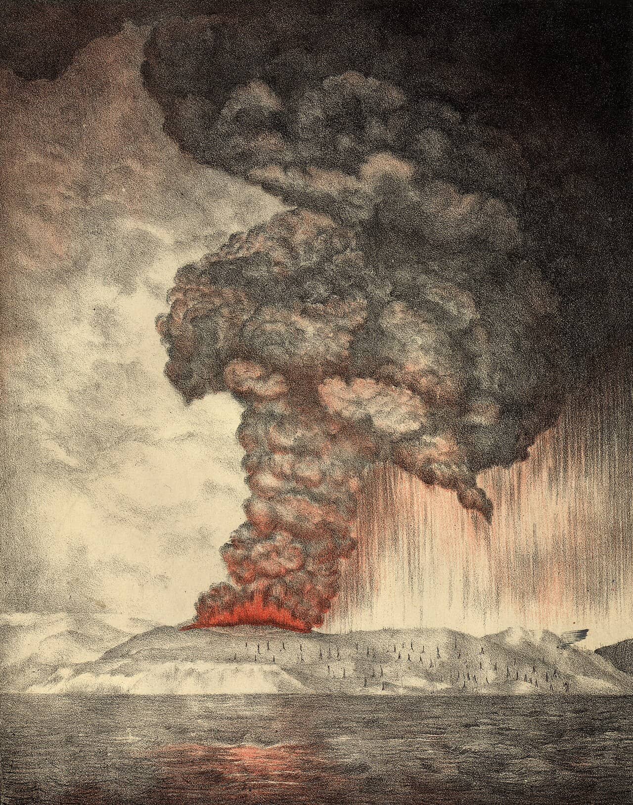 Litografia ottocentesca dell'eruzione del Krakatoa del 1883