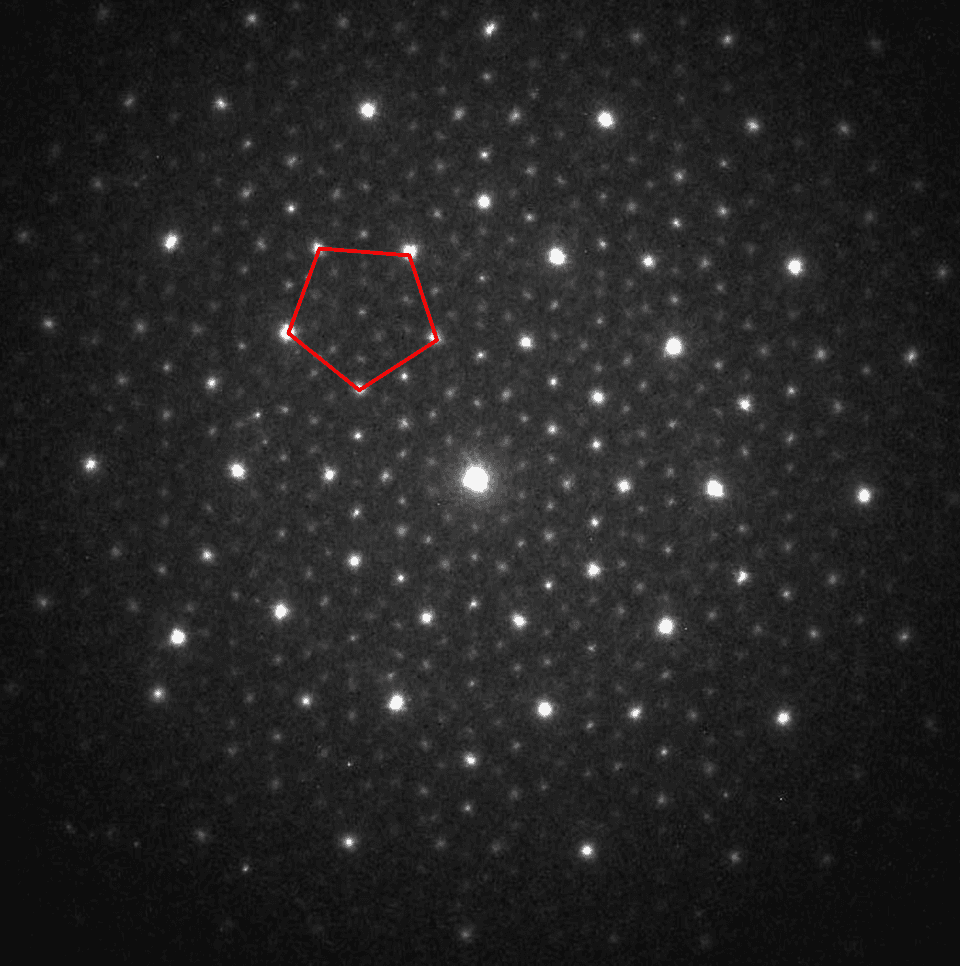 Pattern di diffrazione decagonale di un quasicristallo Al-Cu-Fe-Cr con dieci punti di simmetria