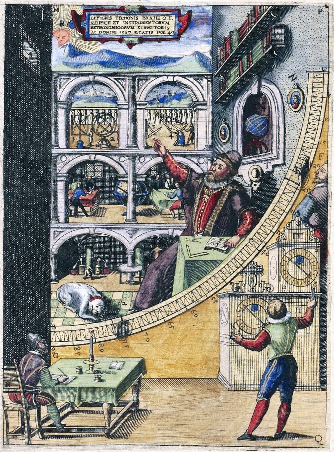 Incisione del grande quadrante murale di Tycho Brahe usato per misurare le posizioni degli astri a Uraniborg