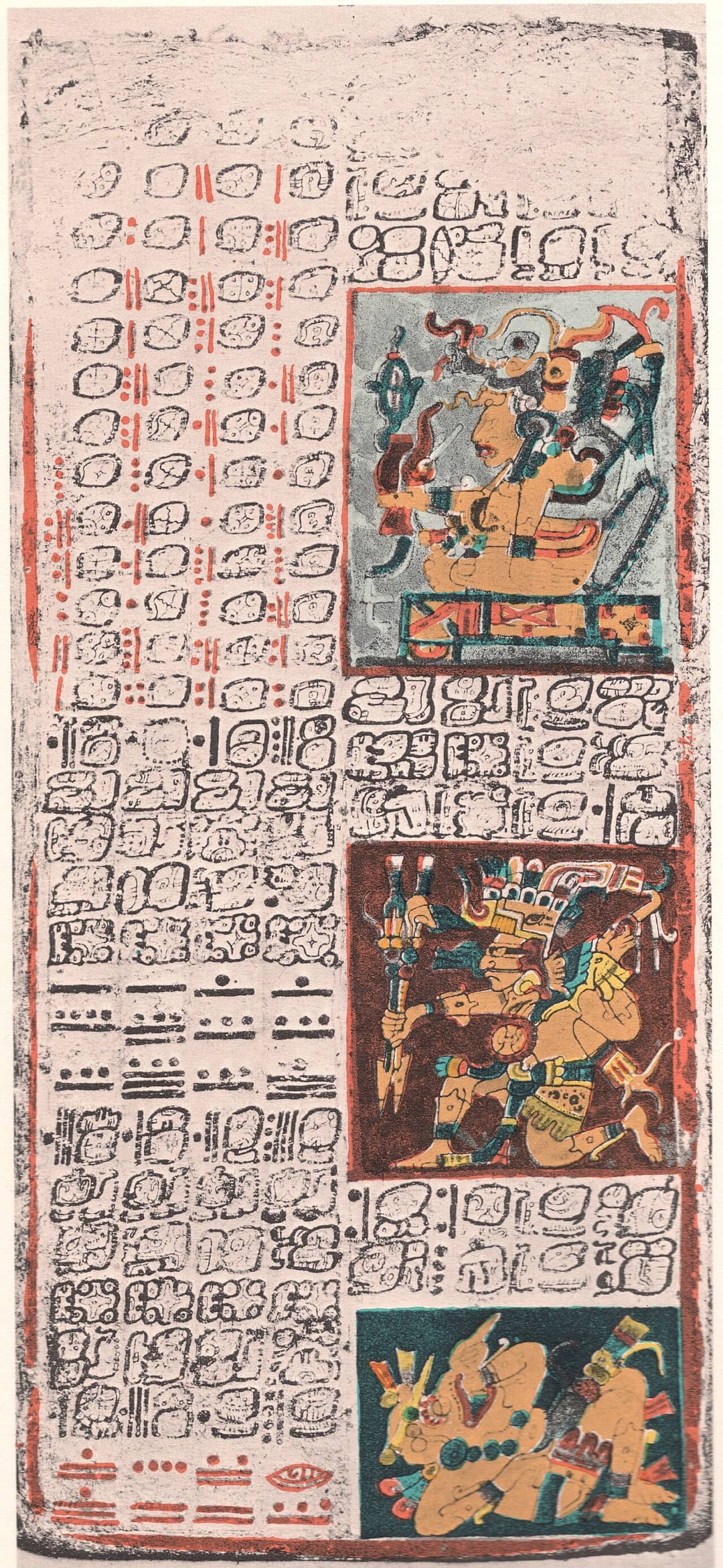 Pagina del Codice di Dresda con glifi, numeri a barre e punti e figure divine