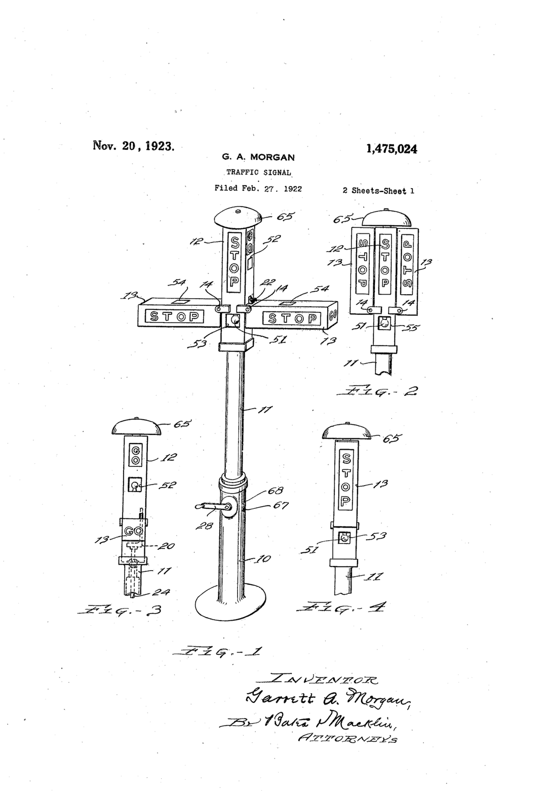 Disegno del brevetto del semaforo a tre posizioni di Garrett Morgan