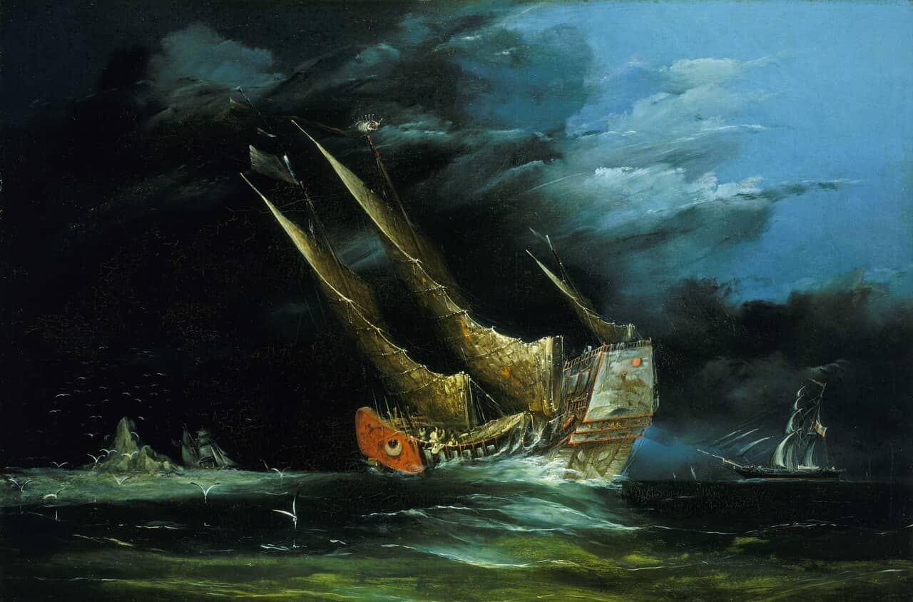 Dipinto storico di una giunca cinese a vele quadre nel Mar Cinese Meridionale, XIX secolo