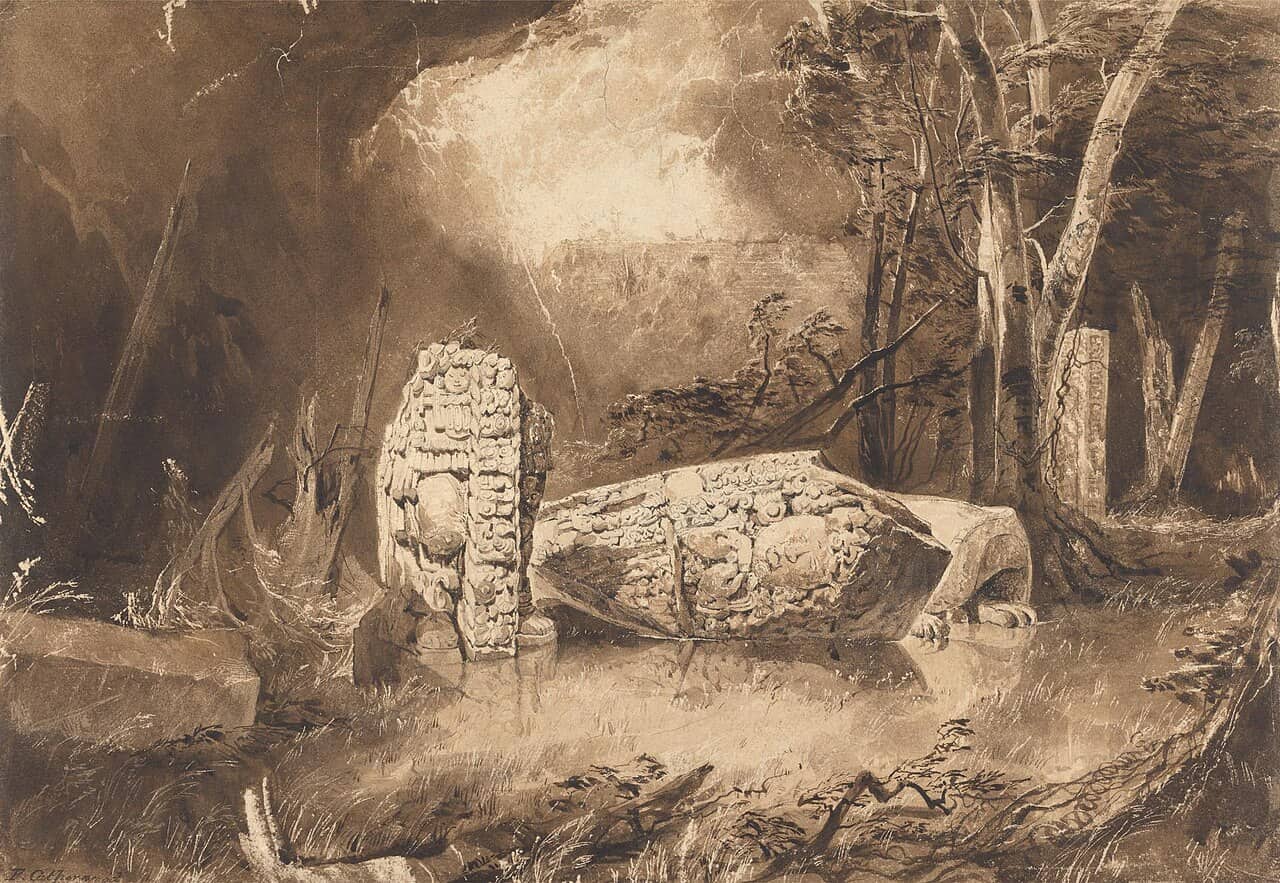 Stele Maya scolpita con glifi e figure, disegnata a Copán da Frederick Catherwood